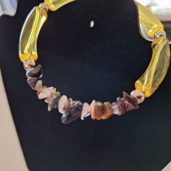 Yellow Bangle Cuff Bracelet Handmade with Stone, Metal, and Plastic - Picture 4 of 6